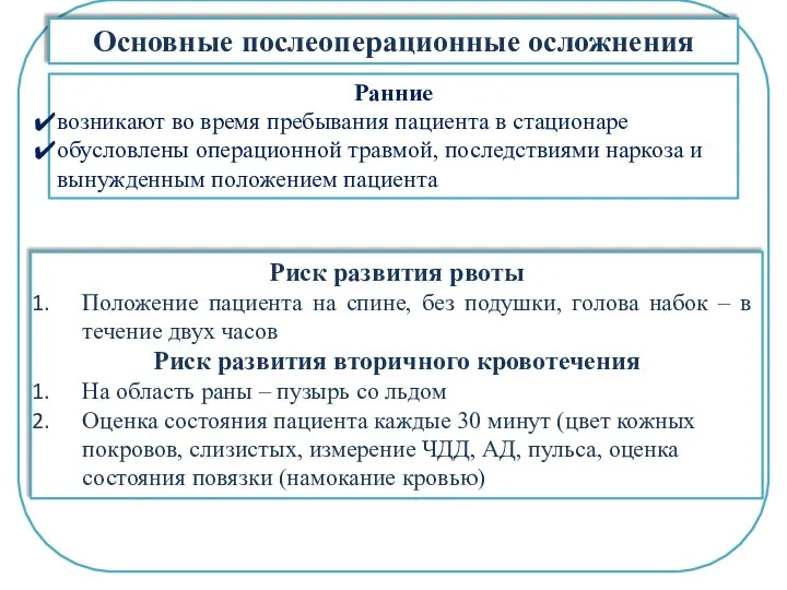 Основные послеоперационные осложнения Ранние возникают во время пребывания пациента в стационаре обусловлены