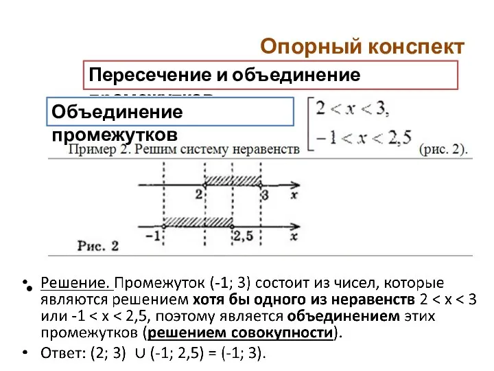 Опорный конспект Пересечение и объединение промежутков Объединение промежутков