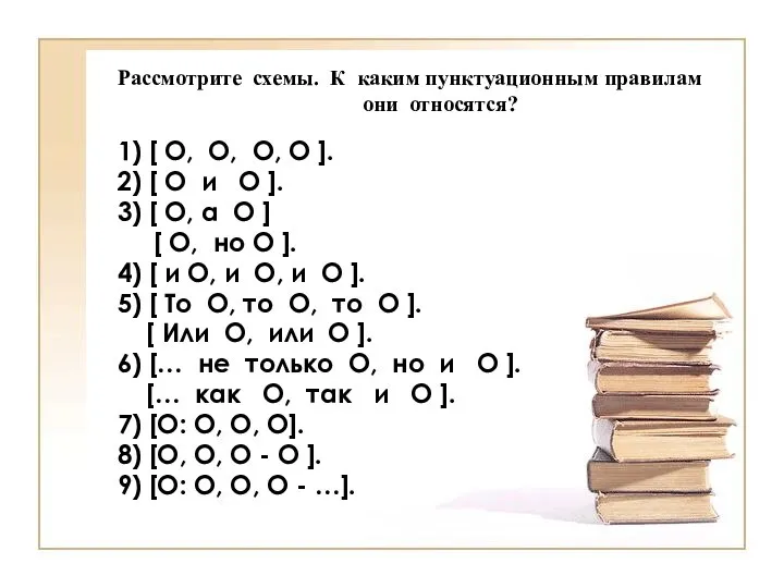 Рассмотрите схемы. К каким пунктуационным правилам они относятся? 1) [ О, О,