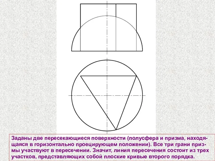 Заданы две пересекающиеся поверхности (полусфера и призма, находя-щаяся в горизонтально проецирующем положении).