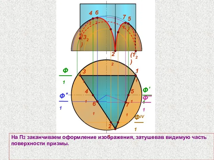 22 31 На П2 заканчиваем оформление изображения, затушевав видимую часть поверхности призмы.