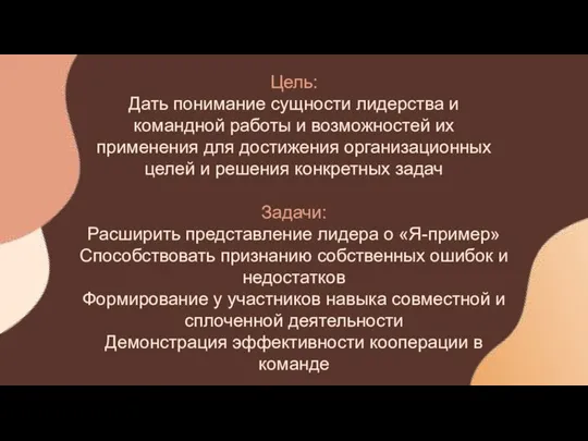 Цель: Дать понимание сущности лидерства и командной работы и возможностей их применения