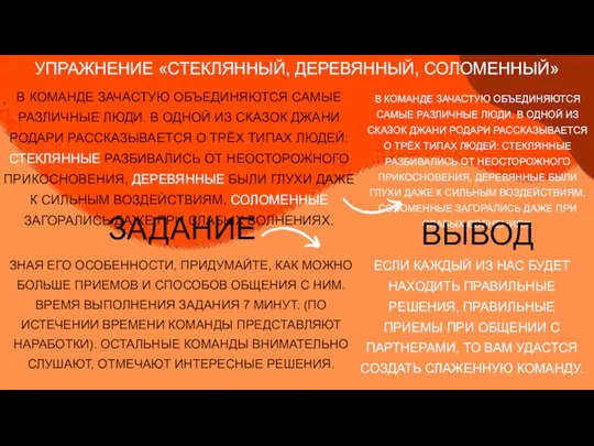 УПРАЖНЕНИЕ «СТЕКЛЯННЫЙ, ДЕРЕВЯННЫЙ, СОЛОМЕННЫЙ» В КОМАНДЕ ЗАЧАСТУЮ ОБЪЕДИНЯЮТСЯ САМЫЕ РАЗЛИЧНЫЕ ЛЮДИ. В