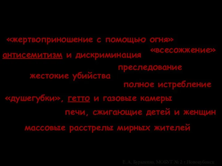 «всесожжение» ХОЛОКОСТ «жертвоприношение с помощью огня» преследование антисемитизм и дискриминация жестокие убийства