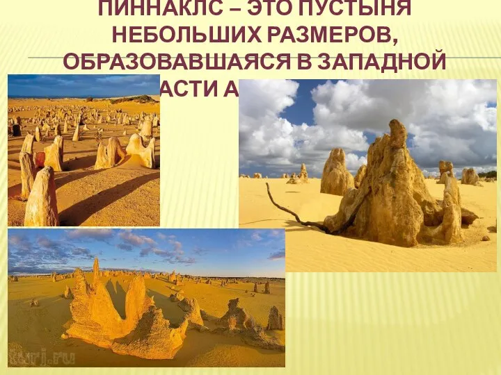 ПИННАКЛС – ЭТО ПУСТЫНЯ НЕБОЛЬШИХ РАЗМЕРОВ, ОБРАЗОВАВШАЯСЯ В ЗАПАДНОЙ ЧАСТИ АВСТРАЛИИ.