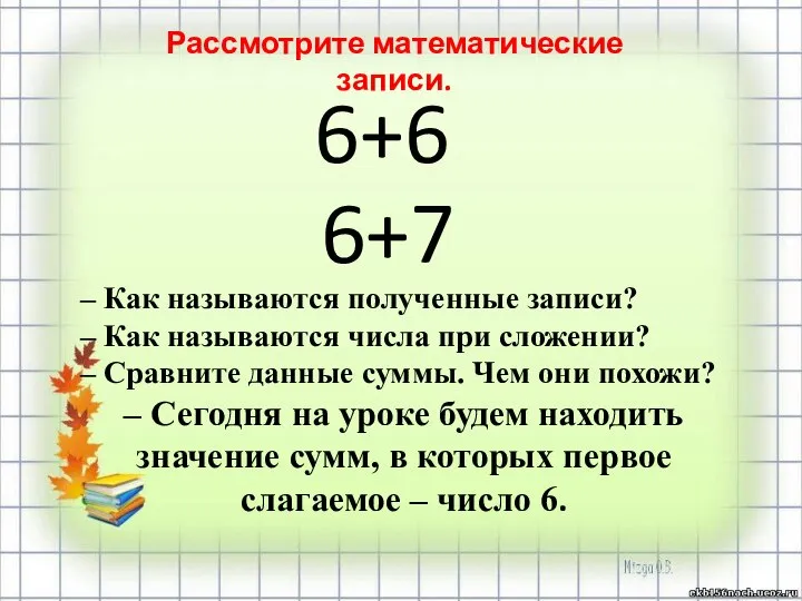 Рассмотрите математические записи. – Как называются полученные записи? – Как называются числа