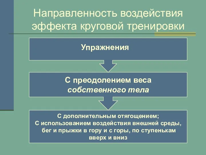 Направленность воздействия эффекта круговой тренировки С преодолением веса собственного тела С дополнительным