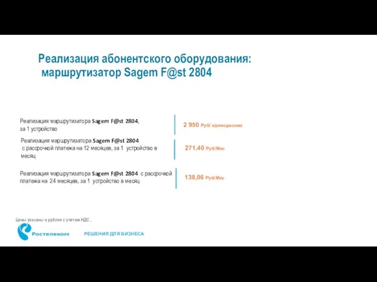 Реализация абонентского оборудования: маршрутизатор Sagem F@st 2804 Цены указаны в рублях с учетом НДС .