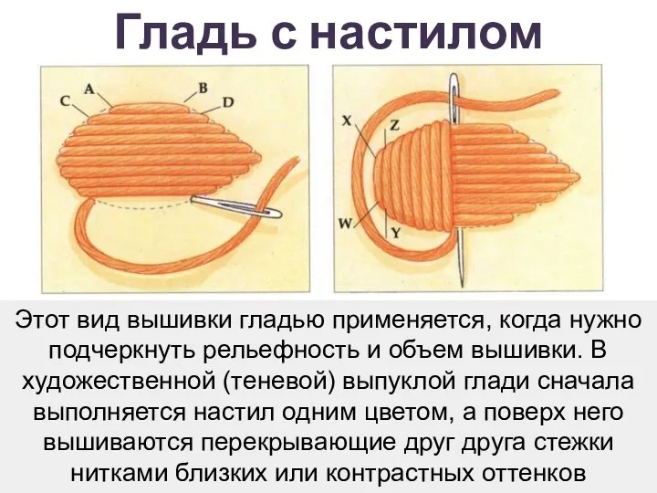 Гладь с настилом Этот вид вышивки гладью применяется, когда нужно подчеркнуть рельефность