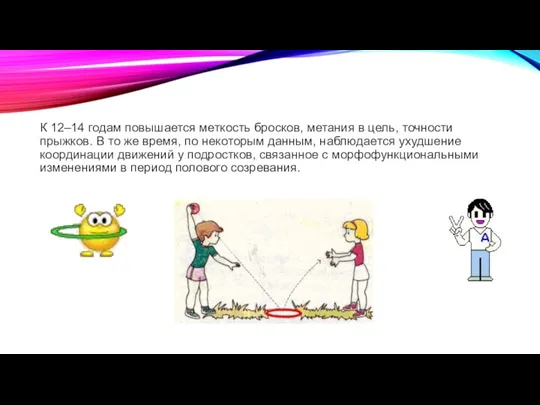 К 12–14 годам повышается меткость бросков, метания в цель, точности прыжков. В