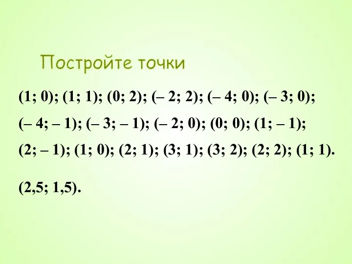 Постройте точки (1; 0); (1; 1); (0; 2); (– 2; 2); (–