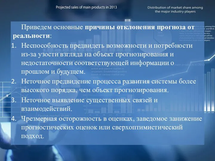 Приведем основные причины отклонения прогноза от реальности: Неспособность предвидеть возможности и потребности