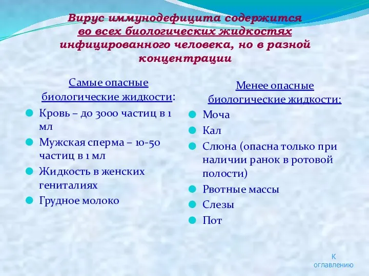 Вирус иммунодефицита содержится во всех биологических жидкостях инфицированного человека, но в разной