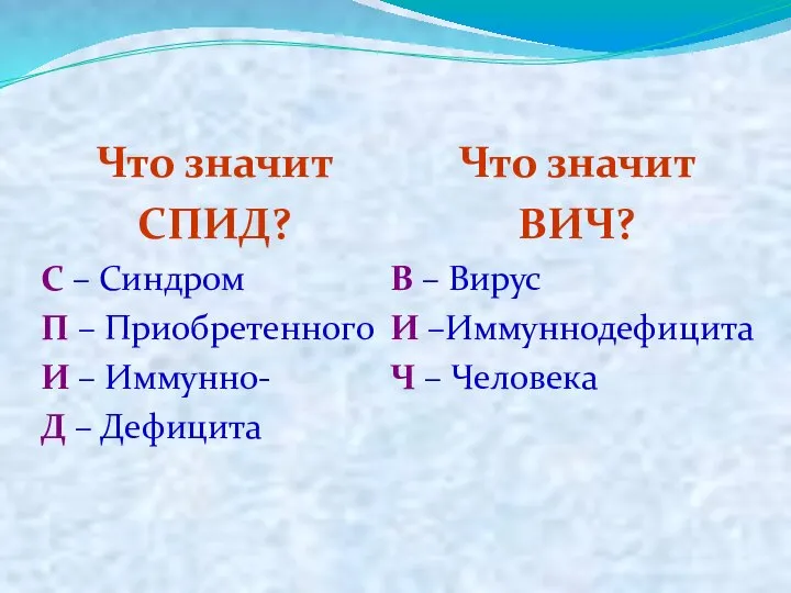 Что значит СПИД? С – Синдром П – Приобретенного И – Иммунно-