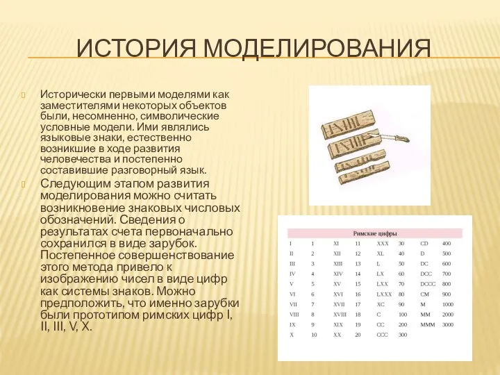 ИСТОРИЯ МОДЕЛИРОВАНИЯ Исторически первыми моделями как заместителями некоторых объектов были, несомненно, символические