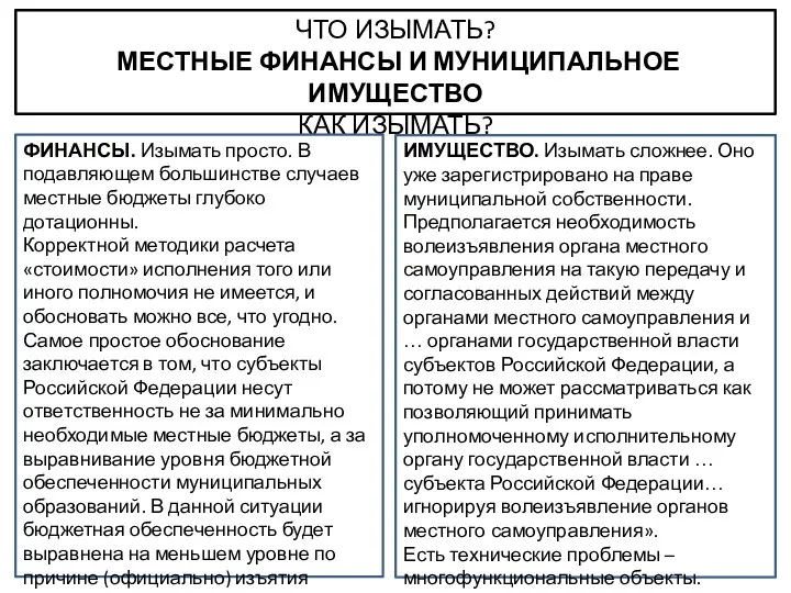 ЧТО ИЗЫМАТЬ? МЕСТНЫЕ ФИНАНСЫ И МУНИЦИПАЛЬНОЕ ИМУЩЕСТВО КАК ИЗЫМАТЬ? ФИНАНСЫ. Изымать просто.