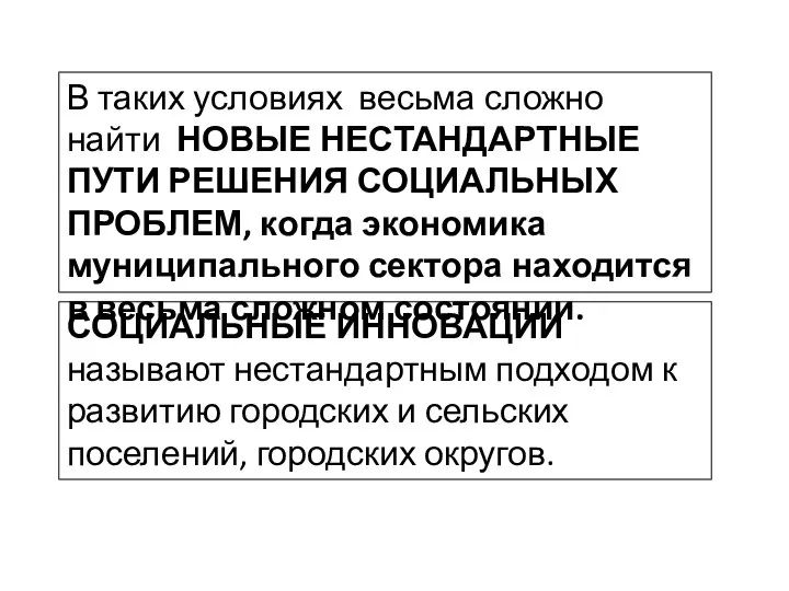 СОЦИАЛЬНЫЕ ИННОВАЦИИ называют нестандартным подходом к развитию городских и сельских поселений, городских