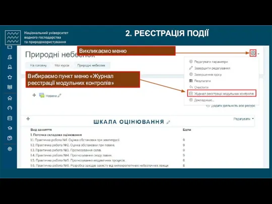 2. РЕЄСТРАЦІЯ ПОДІЇ Вибираємо пункт меню «Журнал реєстрації модульних контролів» Викликаємо меню