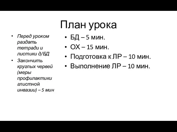 План урока Перед уроком раздать тетради и листики д/БД Закончить круглых червей