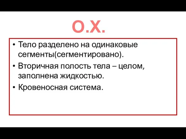 Тело разделено на одинаковые сегменты(сегментировано). Вторичная полость тела – целом, заполнена жидкостью. Кровеносная система. О.Х.