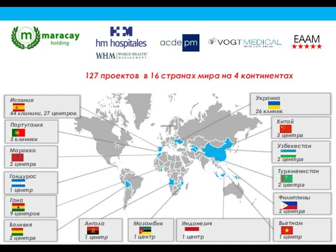 Украина 26 клиник Туркменистан 2 центра Марокко 2 центра Португалия 3 клиники