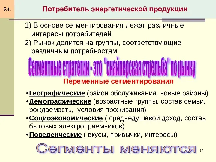 Потребитель энергетической продукции 5.4. 1) В основе сегментирования лежат различные интересы потребителей