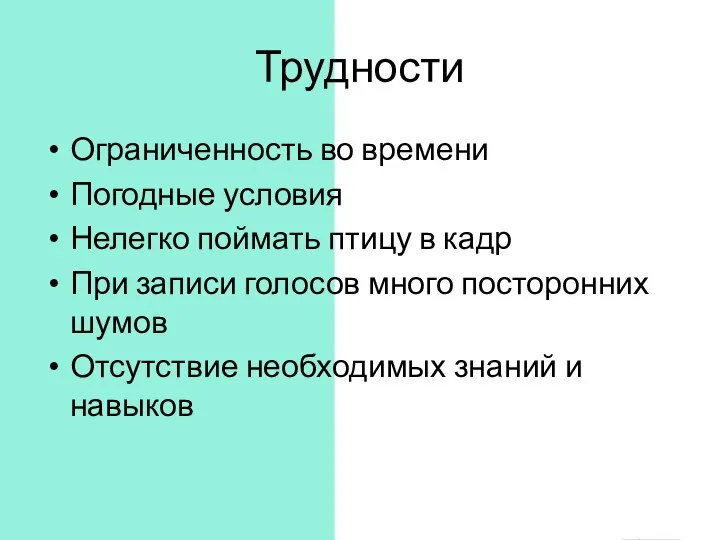 Трудности Ограниченность во времени Погодные условия Нелегко поймать птицу в кадр При