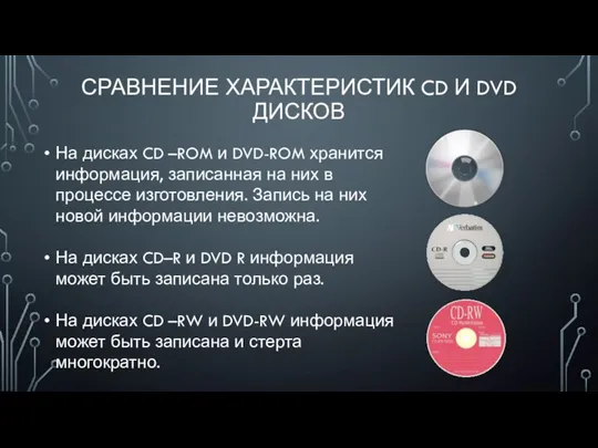 СРАВНЕНИЕ ХАРАКТЕРИСТИК CD И DVD ДИСКОВ На дисках CD –ROM и DVD-ROM