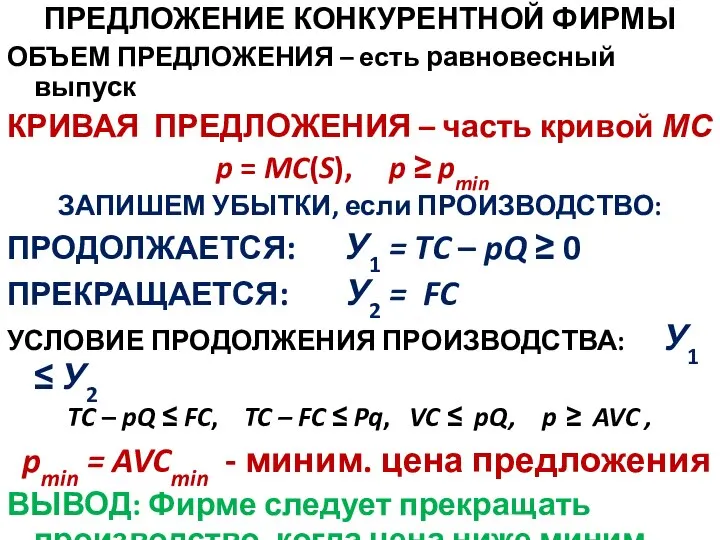 ПРЕДЛОЖЕНИЕ КОНКУРЕНТНОЙ ФИРМЫ ОБЪЕМ ПРЕДЛОЖЕНИЯ – есть равновесный выпуск КРИВАЯ ПРЕДЛОЖЕНИЯ –