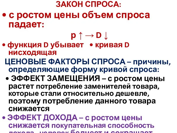 ЗАКОН СПРОСА: • с ростом цены объем спроса падает: р ↑ →