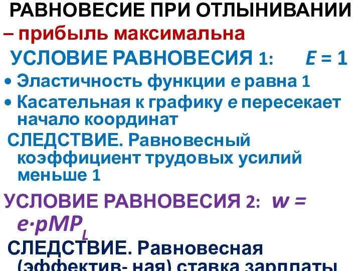 РАВНОВЕСИЕ ПРИ ОТЛЫНИВАНИИ – прибыль максимальна УСЛОВИЕ РАВНОВЕСИЯ 1: E = 1