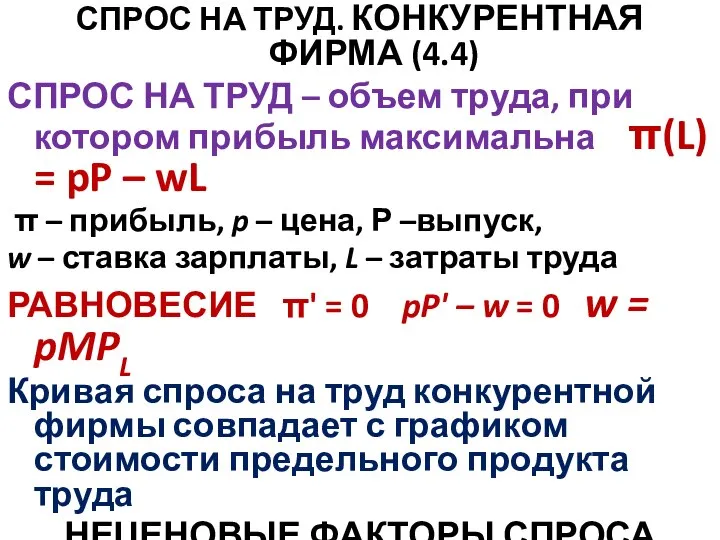 СПРОС НА ТРУД. КОНКУРЕНТНАЯ ФИРМА (4.4) СПРОС НА ТРУД – объем труда,