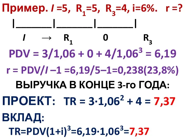 Пример. I =5, R1=5, R3=4, i=6%. r =? |_______|_______|_______| I → R1