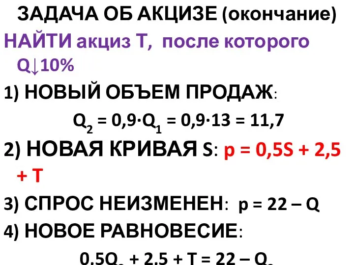 ЗАДАЧА ОБ АКЦИЗЕ (окончание) НАЙТИ акциз Т, после которого Q↓10% 1) НОВЫЙ