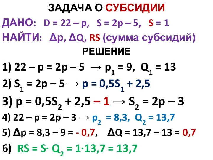 ЗАДАЧА О СУБСИДИИ ДАНО: D = 22 – p, S = 2p