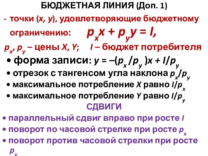 БЮДЖЕТНАЯ ЛИНИЯ (Доп. 1) точки (x, y), удовлетворяющие бюджетному ограничению: pxx +