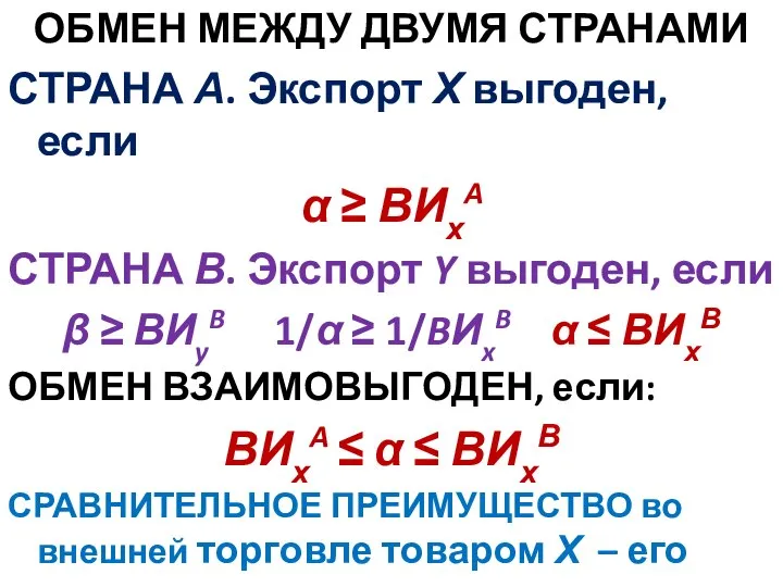 ОБМЕН МЕЖДУ ДВУМЯ СТРАНАМИ СТРАНА А. Экспорт Х выгоден, если α ≥