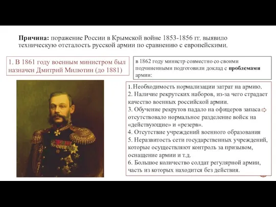 Причина: поражение России в Крымской войне 1853-1856 гг. выявило техническую отсталость русской