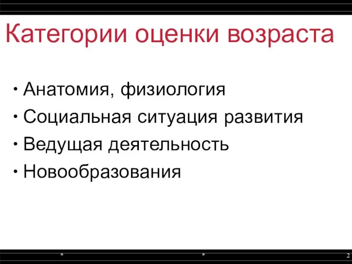 Категории оценки возраста Анатомия, физиология Социальная ситуация развития Ведущая деятельность Новообразования