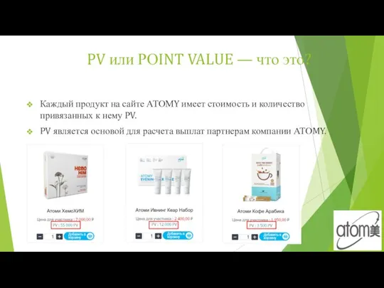 PV или РОINT VALUE — что это? Каждый продукт на сайте АТОМY