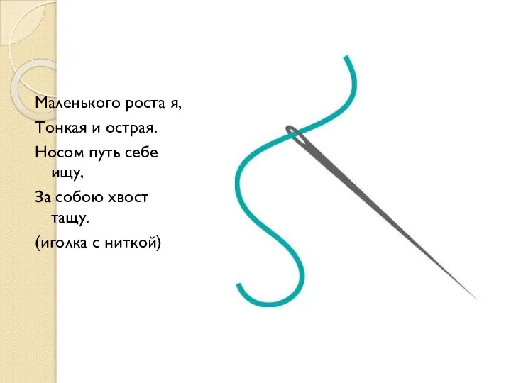 Маленького роста я, Тонкая и острая. Носом путь себе ищу, За собою