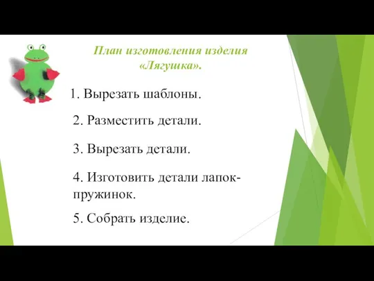 План изготовления изделия «Лягушка». Вырезать шаблоны. 2. Разместить детали. 3. Вырезать детали.