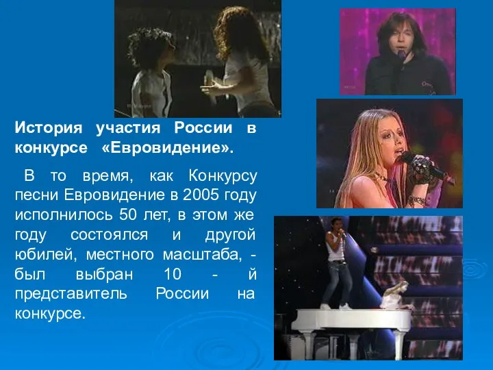 История участия России в конкурсе «Евровидение». В то время, как Конкурсу песни