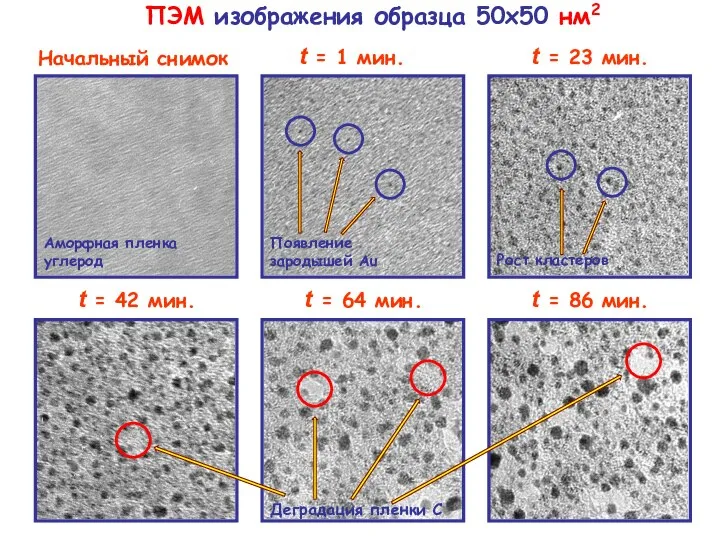 ПЭМ изображения образца 50x50 нм2 Начальный снимок t = 1 мин. t