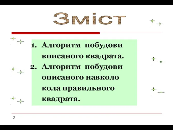 2 Зміст Алгоритм побудови вписаного квадрата. Алгоритм побудови описаного навколо кола правильного квадрата.