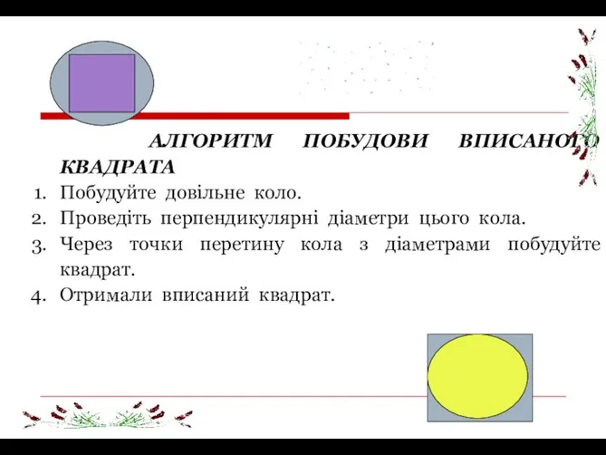 АЛГОРИТМ ПОБУДОВИ ВПИСАНОГО КВАДРАТА Побудуйте довільне коло. Проведіть перпендикулярні діаметри цього кола.