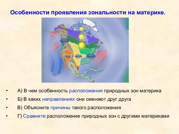 Особенности проявления зональности на материке. А) В чем особенность расположения природных зон