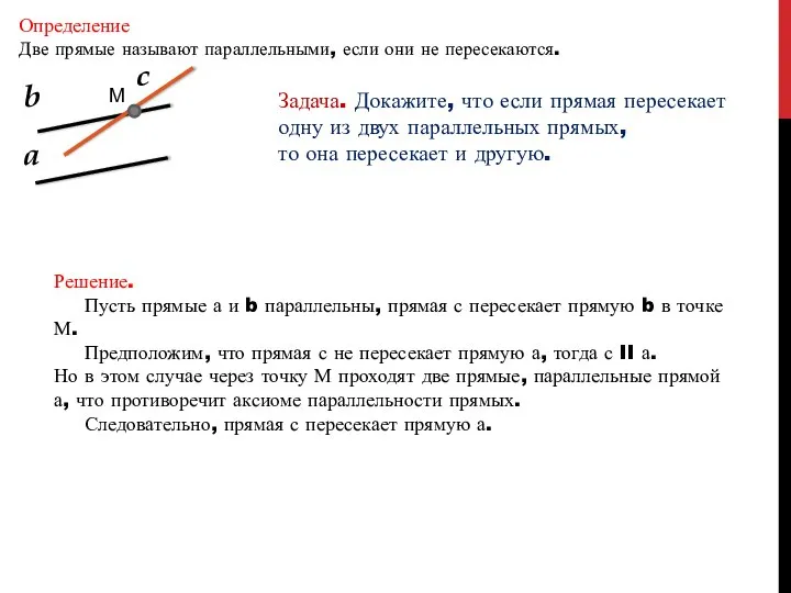 Определение Две прямые называют параллельными, если они не пересекаются. b a Решение.