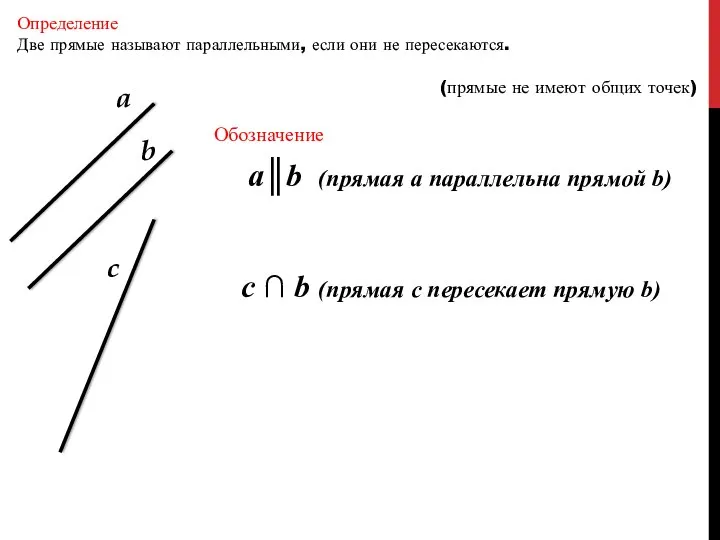 Определение Две прямые называют параллельными, если они не пересекаются. (прямые не имеют