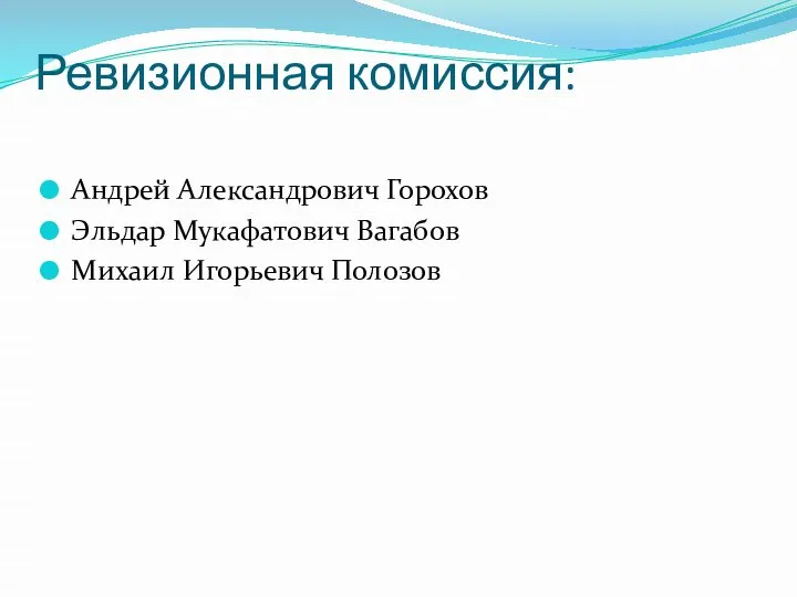 Ревизионная комиссия: Андрей Александрович Горохов Эльдар Мукафатович Вагабов Михаил Игорьевич Полозов